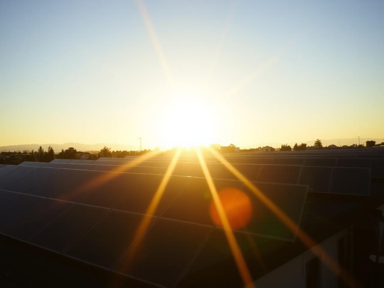 Sun rising over solar panels